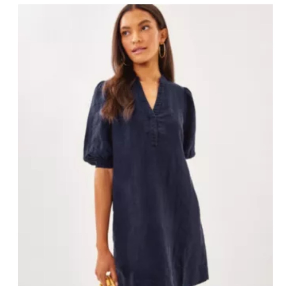 Lilly Pulitzer Midnight Blue Dress with Puff Sleeves - mialeigh linen dress